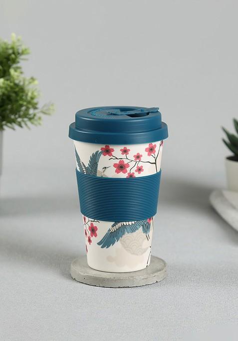 Cream Coloured And Blue Printed Bamboo Matte Frankie Cup 450Ml