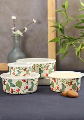 Set Of 4 White Printed Bamboo Container
