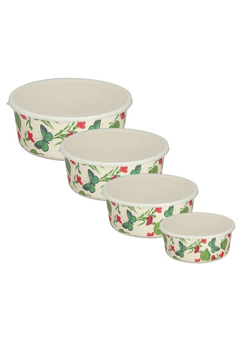 Set Of 4 White Printed Bamboo Container