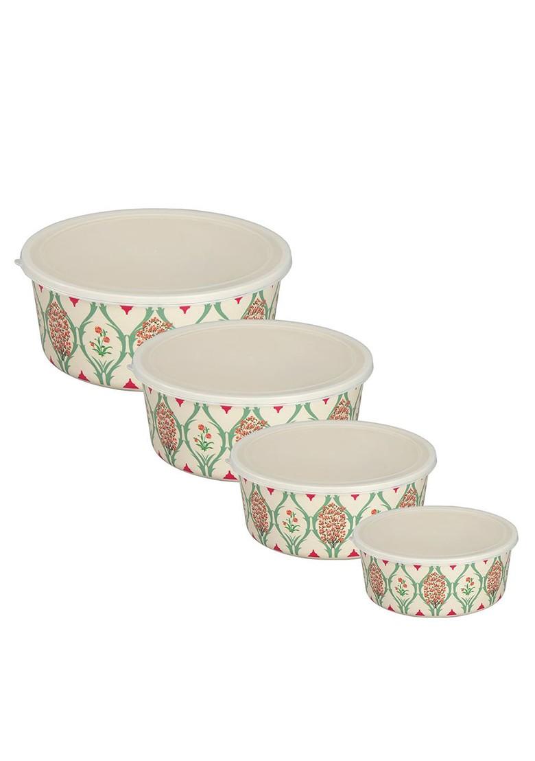 Set Of 4 White Printed Bamboo Containers