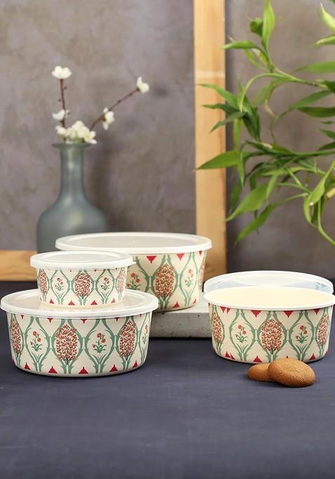 Set Of 4 White Printed Bamboo Containers