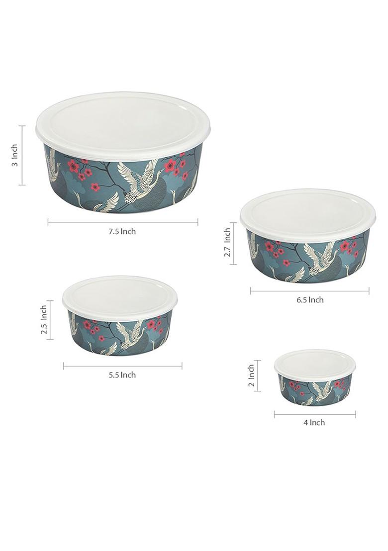 Set Of 4 Blue And Off White Printed Bamboo Food Containers