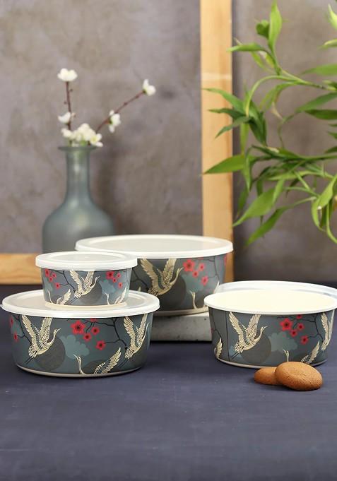 Set Of 4 Blue And Off White Printed Bamboo Food Containers