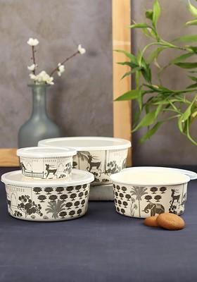 Set Of 4 White And Green Printed Bamboo Food Containers