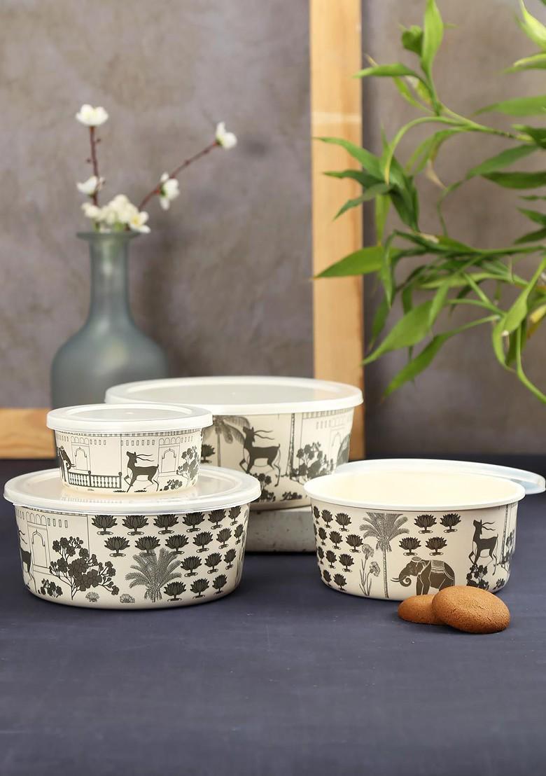 Set Of 4 White And Green Printed Bamboo Food Containers