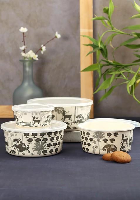 Set Of 4 White And Green Printed Bamboo Food Containers