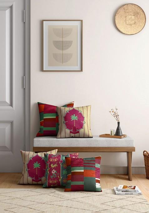 Set Of 5 Pink And Beige Floral Velvet Square Cushion Covers