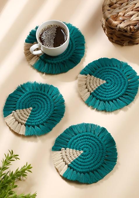 4 Pcs Teal And Beige Textured Roundcoasters