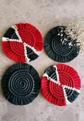 Green And Red 4 Pieces Braided Bohomian Style Cotton Round Coasters