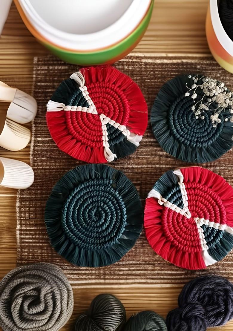 Green And Red 4 Pieces Braided Bohomian Style Cotton Round Coasters