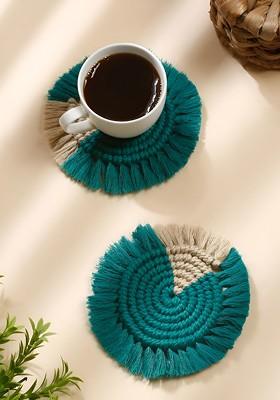 Beige And Teal Green 2 Pcs Bohomian Round Shape Macrame Coasters