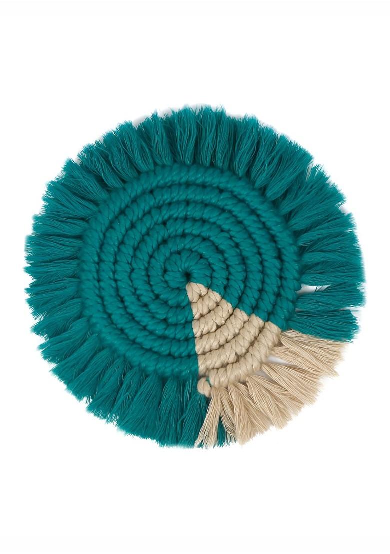 Beige And Teal Green 2 Pcs Bohomian Round Shape Macrame Coasters