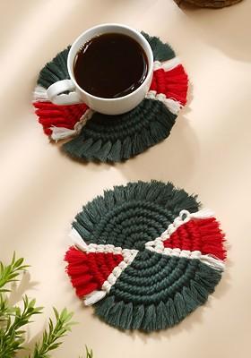 Green And Red 2 Pcs Circular Shaped Macrame Cotton Coasters