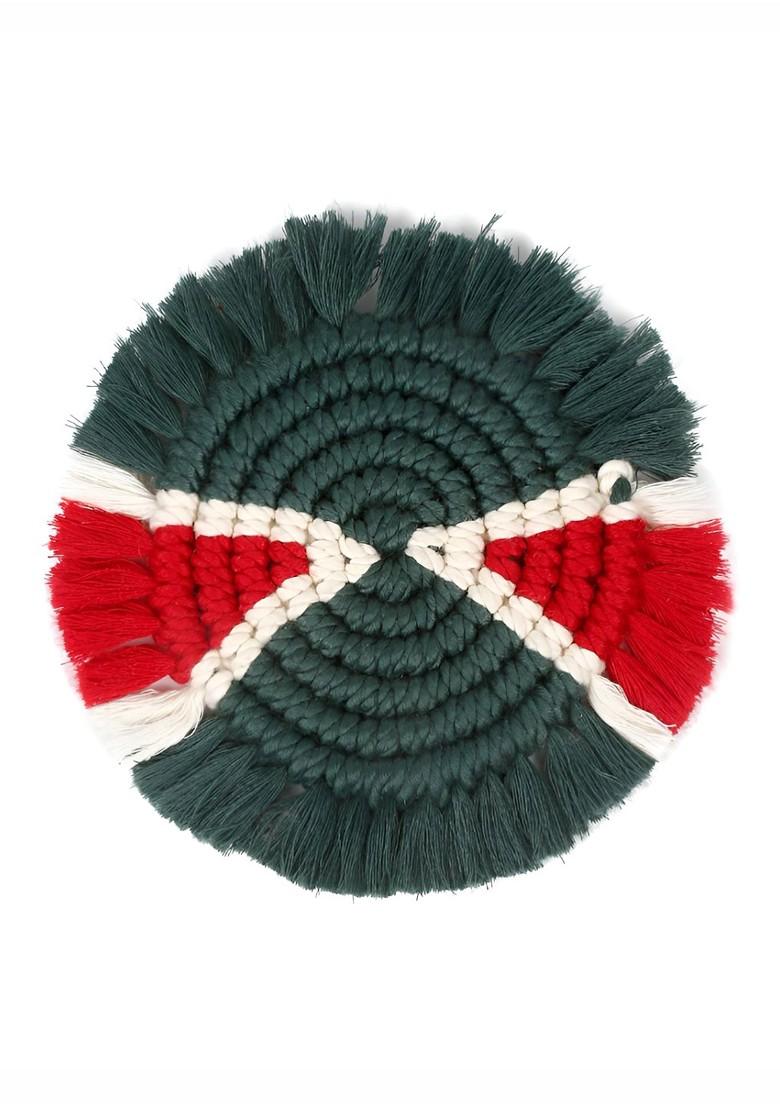 Green And Red 2 Pcs Circular Shaped Macrame Cotton Coasters