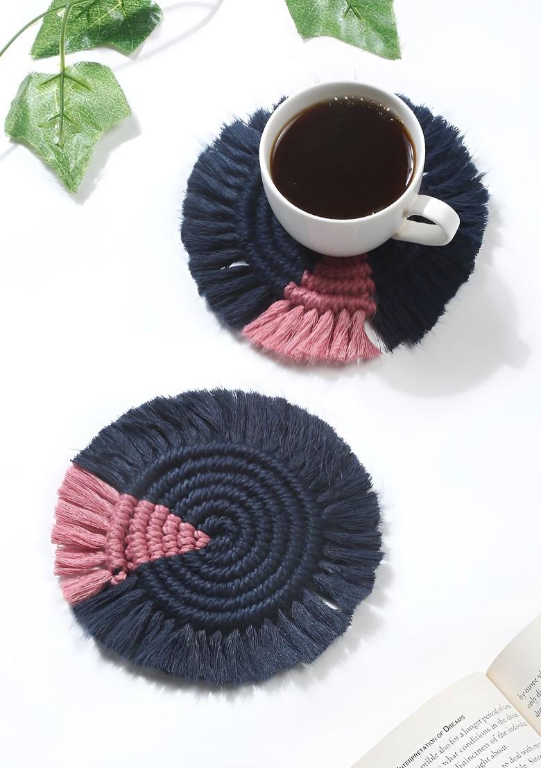 Navy Blue And Pink 2Pcs Cotton Round Coasters
