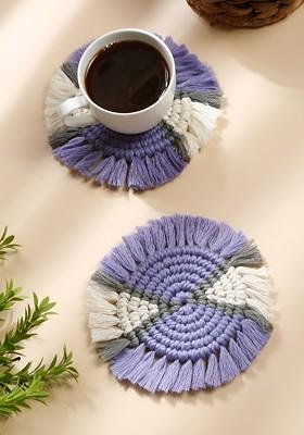 Purple And White 2Pcs Cotton Round Coasters