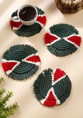 Green And Red 4 Pcs Circular Shaped Macrame Cotton Coasters