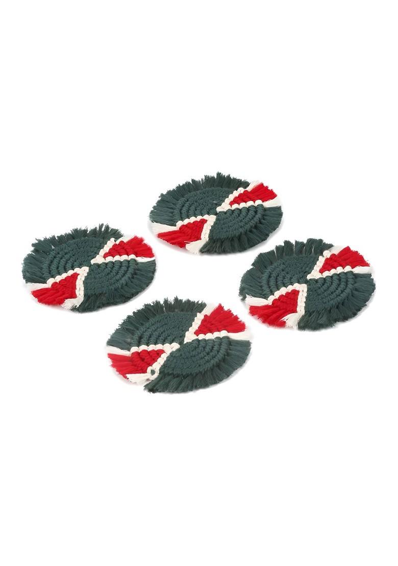 Green And Red 4 Pcs Circular Shaped Macrame Cotton Coasters