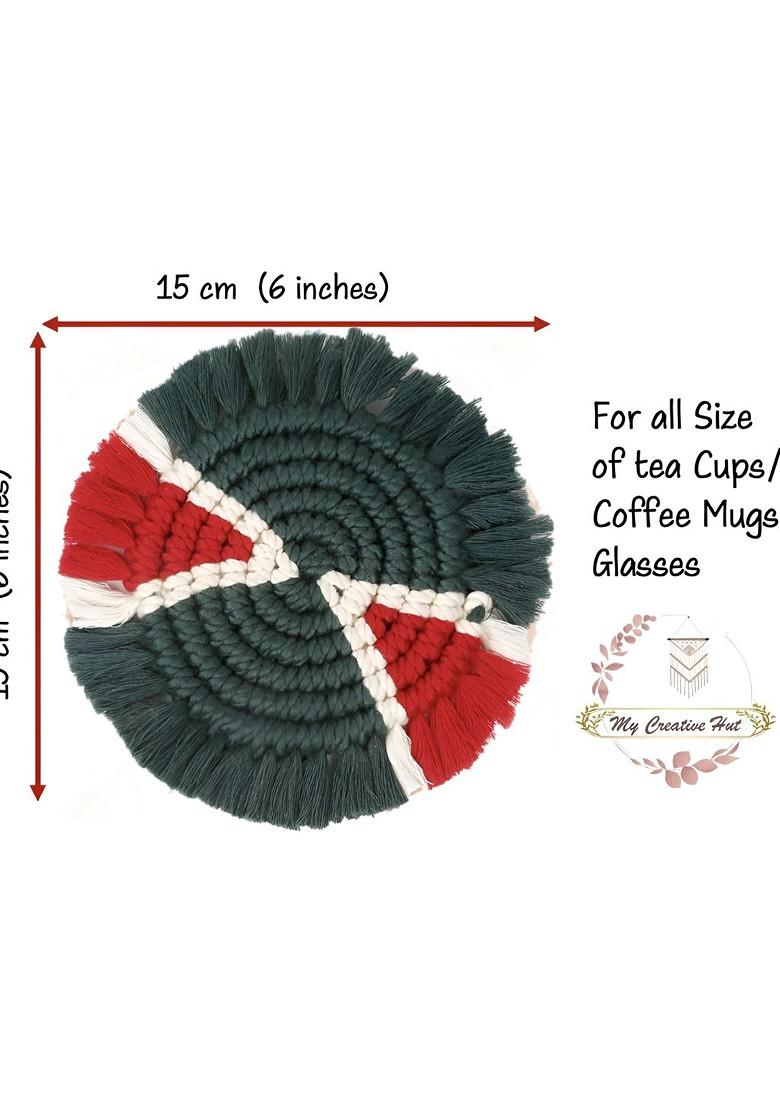 Green And Red 4 Pcs Circular Shaped Macrame Cotton Coasters