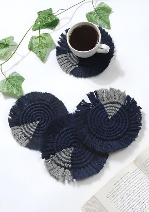 Navy Blue And Grey 4 Pieces Braided Bohomian Style Round Coasters