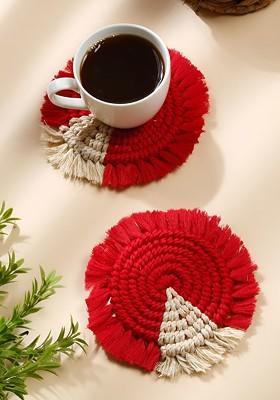Red And Beige 2 Pcs Bohomian Cotton Round Coasters
