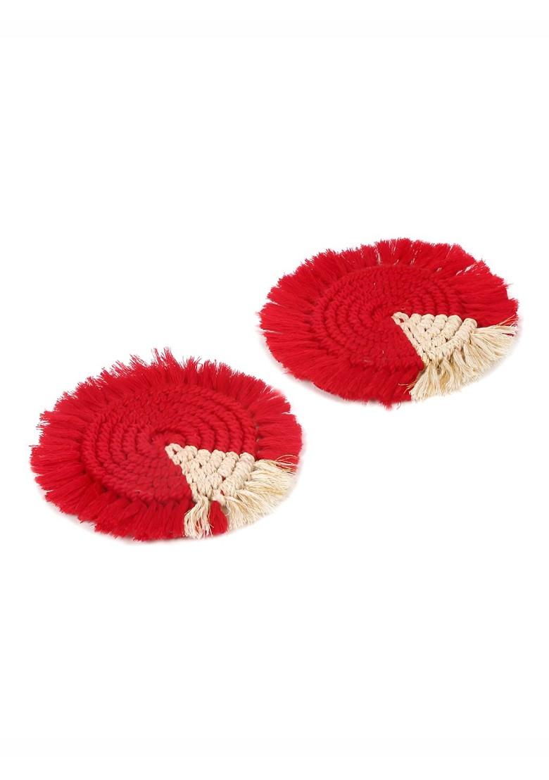 Red And Beige 2 Pcs Bohomian Cotton Round Coasters