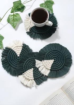 4 Pcs Green And White Macram Cotton Tea Cup Coasters