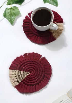 2 Pcs Maroon And Brown Macram Cotton Tea Cup Coasters
