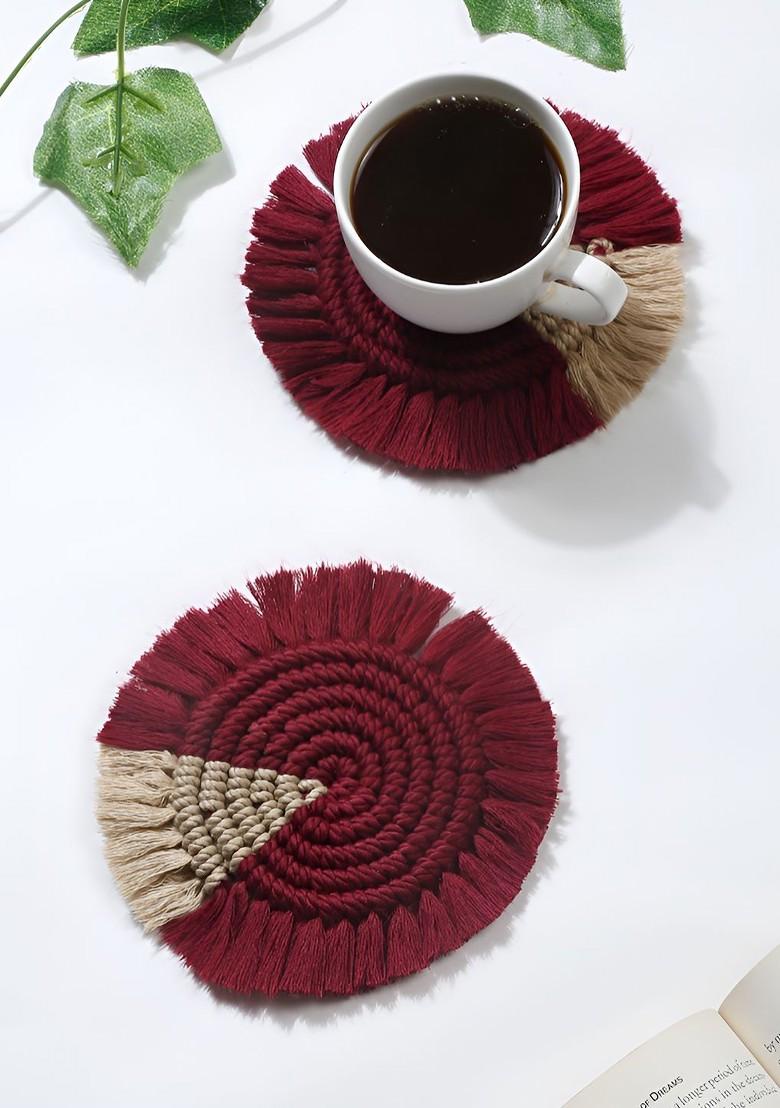 2 Pcs Maroon And Brown Macram Cotton Tea Cup Coasters