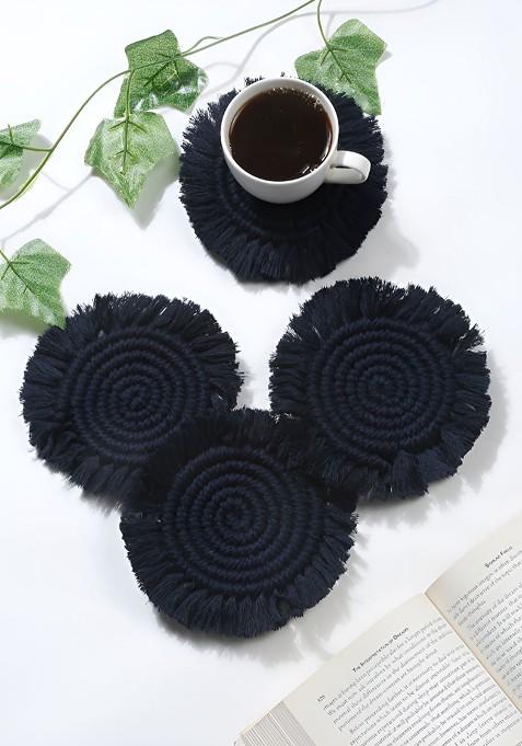 4 Pieces Navy Blue Textured Macrame Round Coasters
