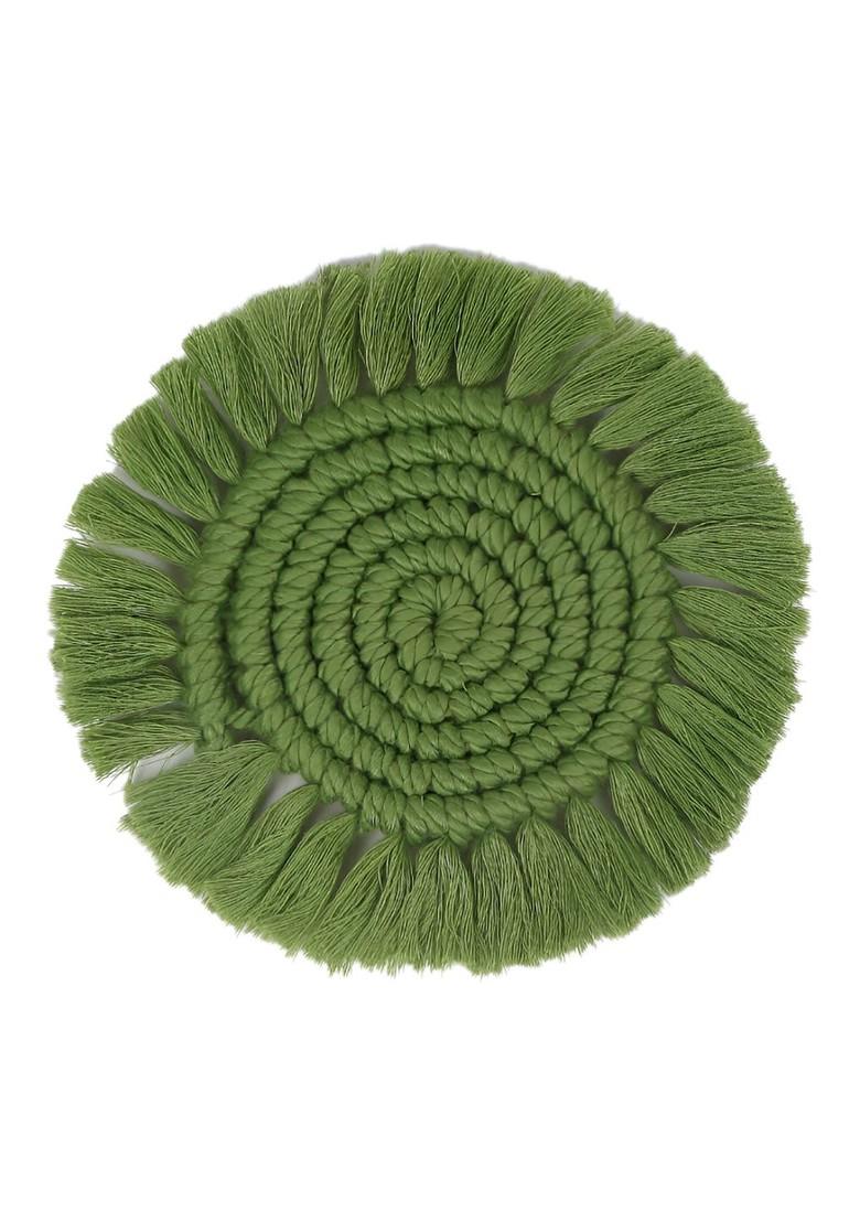 6 Pieces Green Textured Macrame Round Coasters