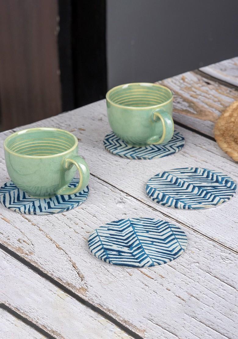 Coaster Set Of 4 Blue 4 Pieces Printed Cotton Round Coasters