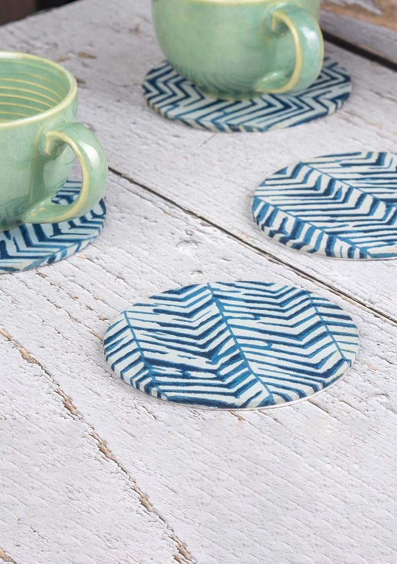 Coaster Set Of 4 Blue 4 Pieces Printed Cotton Round Coasters