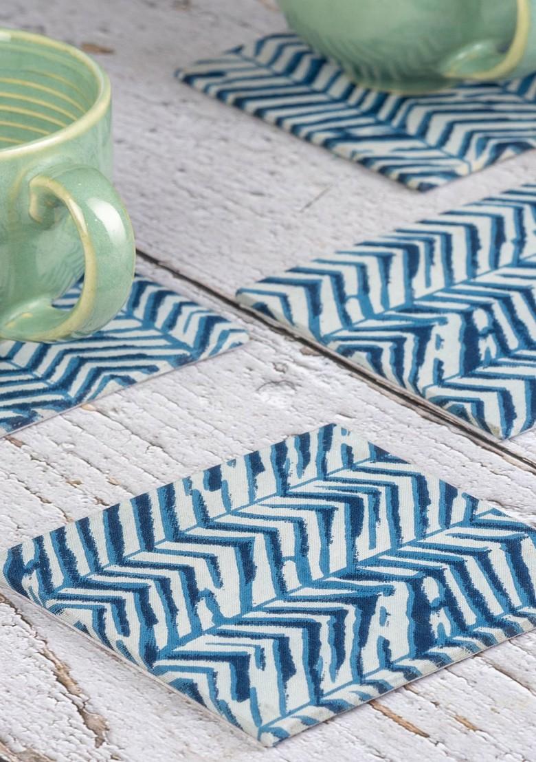 Coaster Set Of 4 Blue 4 Pieces Printed Cotton Square Coasters