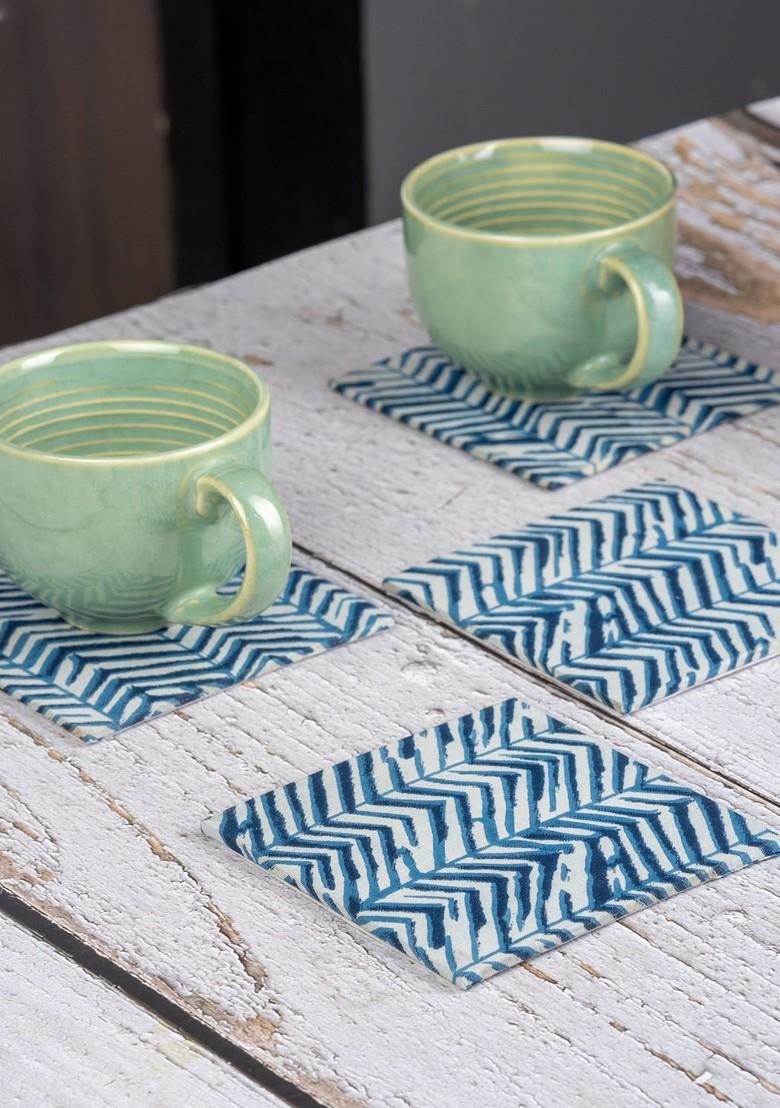 Coaster Set Of 4 Blue 4 Pieces Printed Cotton Square Coasters