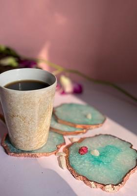 4 Pcs Rose Gold Plated Green Textured Crystal Agate Table Coasters