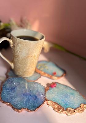 4 Pcs Rose Gold Plated Blue Textured Crystal Agate Table Coasters