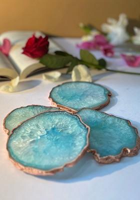 4 Pcs Rose Gold Plated Turquoise Blue Textured Crystal Agate Table Coasters