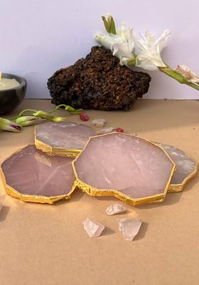 4 Pcs Gold Plated Pink Textured Rose Quartz Table Coasters