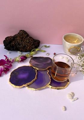 Purple And Gold Toned 4 Pieces Agate Stone Round Coasters