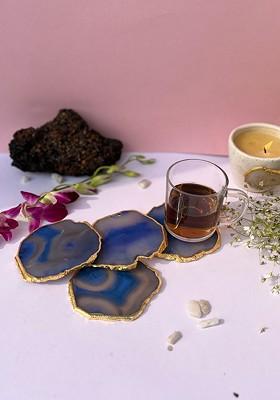 Blue And Gold Toned 4 Pieces Agate Stone Round Coasters