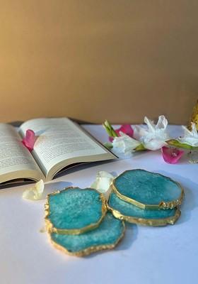 Green And Gold Toned 4 Pieces Round Agate Stone Coasters