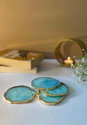 Turquoise Blue And Gold Toned 2 Pieces Round Agate Stone Coasters