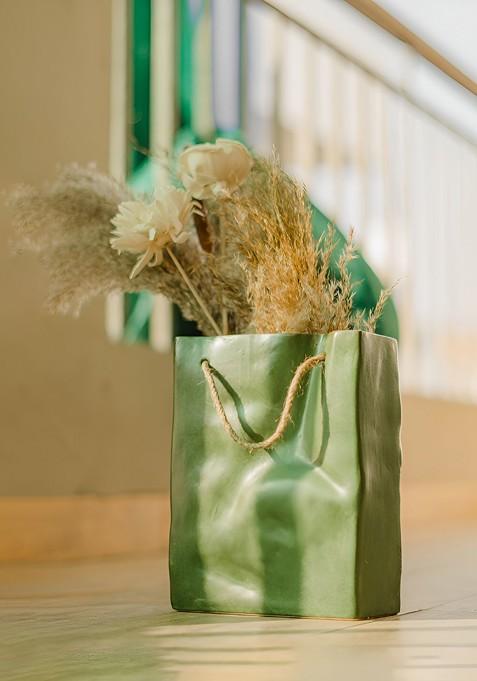 Olive Green Crinkled Paper Bag Ceramic Vase