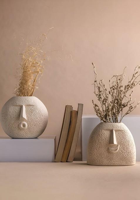 2 Pcs Raw Off White Ceramic Oval Face Vases