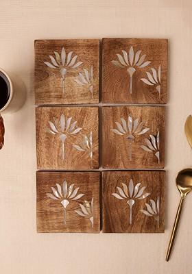 6 Pieces Square Wooden Coasters With Mother Of Pearl Inlay