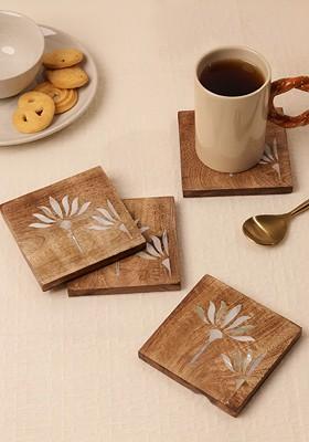 4 Pieces Square Wooden Coasters With Mother Of Pearl Inlay