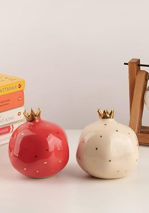 Red And Off White 2 Pieces Pomegranate Figurine Showpieces