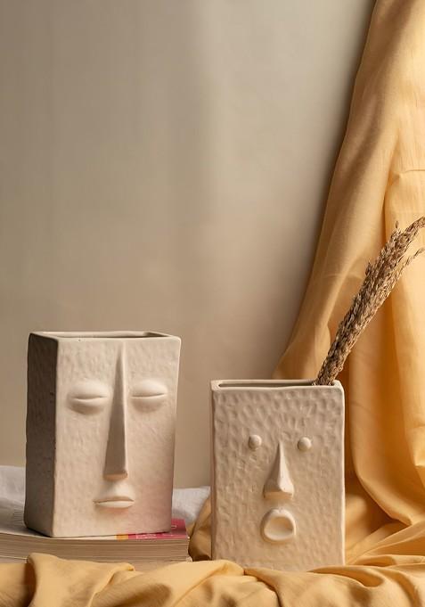 2 Pcs Off White Ceramic Rectangle Face Vases