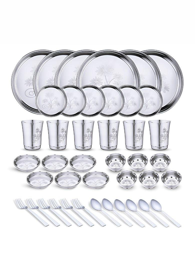 42 Pieces Printed Stainless Steel Dishwasher And Microwave Safe Dinner Set